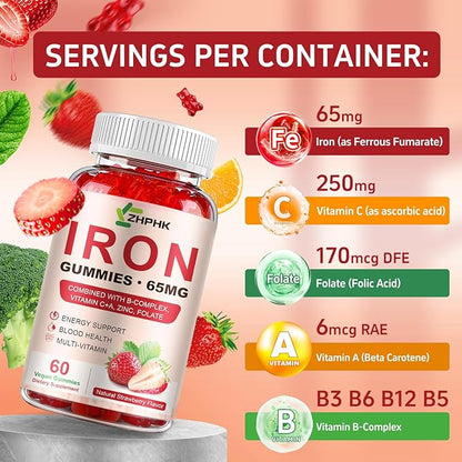 Iron Supplement Gummies, 65mg Iron and 250mg Vitamin C for Women Men Kids, Natural Vegan Iron Gummy with Vitamin A, B-Complex, Biotin, Zinc & Folate Energy Support & Immune Health, 60 Gummies