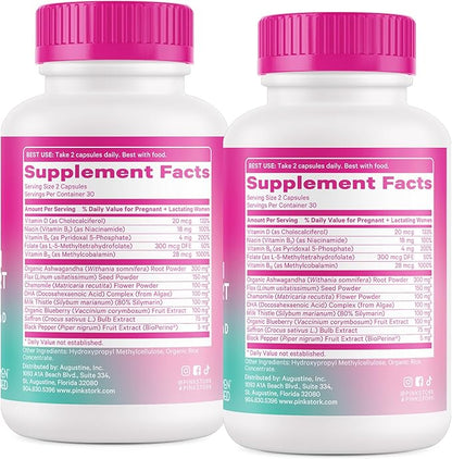 Pink Stork Postpartum Mood Support - Postnatal Hormone Balance for Women - Breastfeeding Friendly - Stress & Cognitive Support, New Mom Essentials - Ashwagandha, Chamomile, & Vitamin D, 120 Capsules