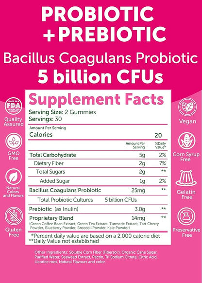 Lunakai USA Made Prebiotic + Probiotic Gummies for Women and Men - High Potency 5 Billion CFUs with Fibers - Non-GMO Gut Health Support 60ct
