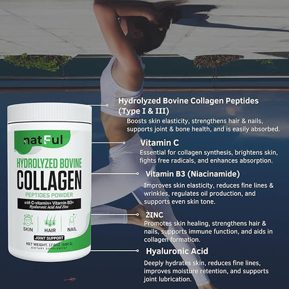 Collagen Peptides Powder – Hydrolyzed Bovine Collagen with Vitamin C, Hyaluronic Acid, Zinc & B3 – Type 1 & 3 Unflavored Protein Powder for Women & Men Hair, Skin, Nails, Joints 45 Servings