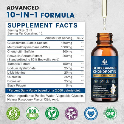 (2 Pack) Glucosamine Chondroitin MSM Liquid Drops, High Absorption, Antioxidant, Immune, Bone Support, MSM Supplement for Men & Women, Vegan, Sugar-Free, Raspberry Flavor, 1 Fl Oz