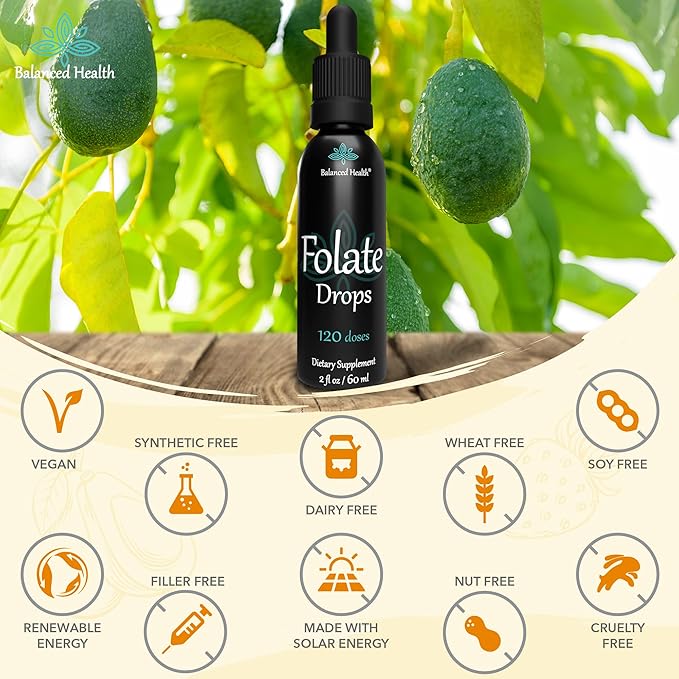 Folate Drops - 120 Servings, 2oz, Butterscotch Flavor, 500mcg L-5-MTHF Folic Acid Supplement