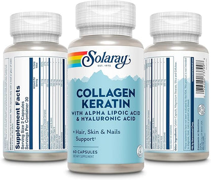 SOLARAY Collagen Keratin with Alpha Lipoic Acid and Hyaluronic Acid - Type I, II and III Collagen Pills - Hair, Skin, Nails, and Joint Health Support - 30 Servings, 60 Capsules