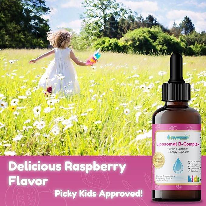 Nuvamin – Liquid Liposomal B-Complex Drops for Kids Baby Toddlers & Adults, 2Fl.Oz (60ml), 120 Daily Serving. B1, B2, B3, B5, B6, B7, B9, B12. Great Taste - Natural - High Absorption, Raspberry Flavor
