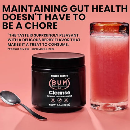 (Bum) Psyllium Husk Fiber Powder, Mixed Berry Flavored Drink with Stevia, Colon Cleanse for Bloating Relief & Digestive Health, Daily Soluble Fiber Supplement, Sugar & Gluten Free, Vegan, 30 Servings