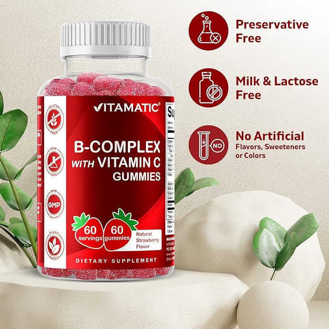 Vitamatic Vitamin B Complex Gummies with Vitamin C & Inositol - Natural Strawberry Flavor - 60 Gummies (2 Bottles)