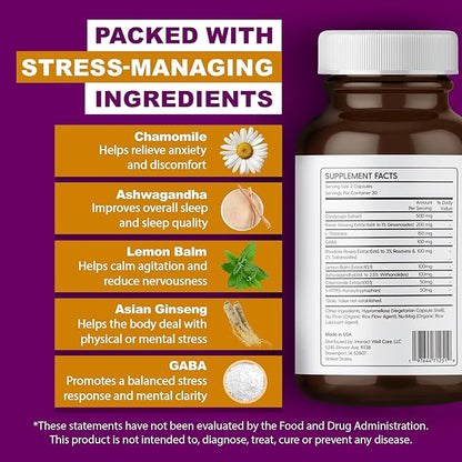 Stress & Relaxation, Mental Focus Supplement, Lemon Balm Capsules with Ashwagandha for Men/Women, Daily Wellness Support, Ashwagandha Pills with Ginseng, Chamomile & More, 60 Capsules