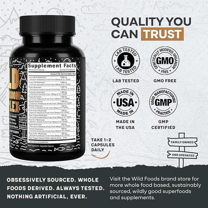 Wild Foods Premium Mushroom Supplement Complex | 10:1 Mushroom Extract 13 Organic Mushrooms: Lions Mane, Turkey Tail, Reishi & More Adaptogenic Mushrooms for Energy, Brain & Immune Health(60 Capsules)