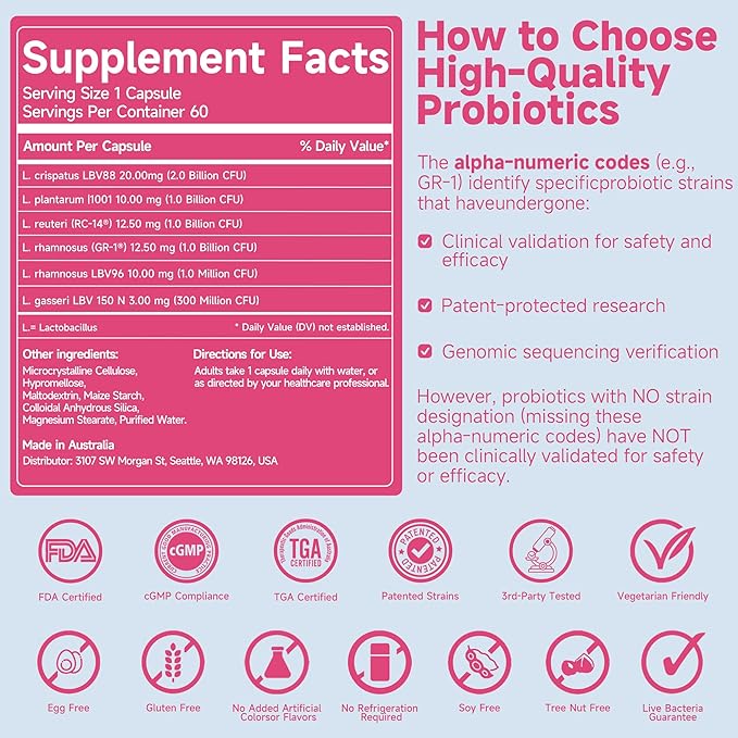 Life-Space Probiotic for Women, Support Healthy Vaginal Microflora & Comfort, BV & VVC Infection Treatment, Urinary Tract Health, Lactobacillus rhamnosus, 6.3 Billion CFU, Multi Strain - 60 Capsules