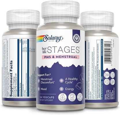 Solaray PMS & Menstrual her life STAGES - PMS Support Supplement for Women with Cramp Bark, Vitex Chasteberry - Made Without Hormones - 60-Day Guarantee - Vegan, Lab Verified - 24 Servings, 24 VegCaps