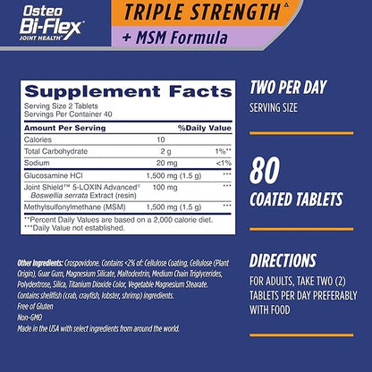 Osteo Bi-Flex Triple Strength(5) with MSM, Glucosamine Joint Health Supplement, Coated Tablets, 80 Count (Pack of 2)