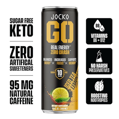 Jocko GO Energy Drink - KETO, Vitamin B12, Vitamin B6, Electrolytes, L Theanine, Magnesium- Energy Boost, Sugar Free Nootropic Monk Fruit Blend - 12 Pack (Iced Tea - Lemonade)