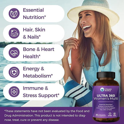 Vitamin World Ultra 360 Multivitamin for Women, Women's Multivitamin with Herbs & Collagen for Hair, Skin & Nails, Supplement with Iron, Vitamin A, B, C, D, E for Energy & Immune Support, 180 Caplets
