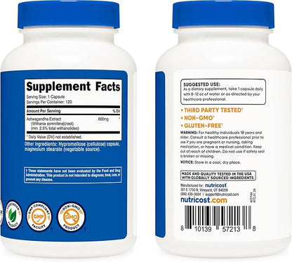 Nutricost Ashwagandha Herbal Supplement 600mg, 120 Capsules - Vegetarian, Non-GMO, Gluten Free, Ashwagandha Root