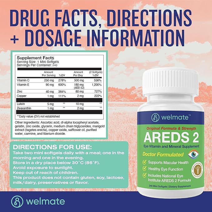 WELMATE - AREDS 2 (120 Servings) - Eye Vitamin and Mineral Supplement - Vitamin C, Zinc, Lutein, Zeaxanthin - Macular Health - Doctor Formulated & Tested - Eye Care - Gluten Free - 240 Mini Softgels
