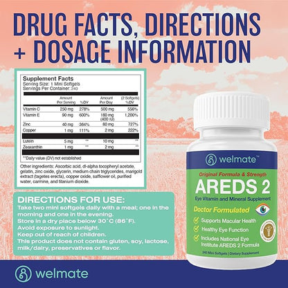 WELMATE - AREDS 2 (120 Servings) - Eye Vitamin and Mineral Supplement - Vitamin C, Zinc, Lutein, Zeaxanthin - Macular Health - Doctor Formulated & Tested - Eye Care - Gluten Free - 240 Mini Softgels