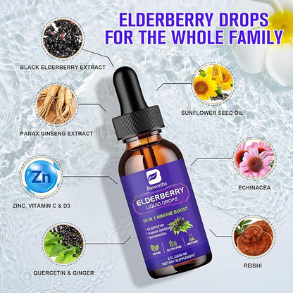 Elderberry Syrup | Quercetin Black Elderberry Liquid Drop with Quercetin, Panax Ginseng for Immune Support | Sambucus Elderberry with Vitamin C and Zinc, D3 | Vegan | Non-GMO | Original