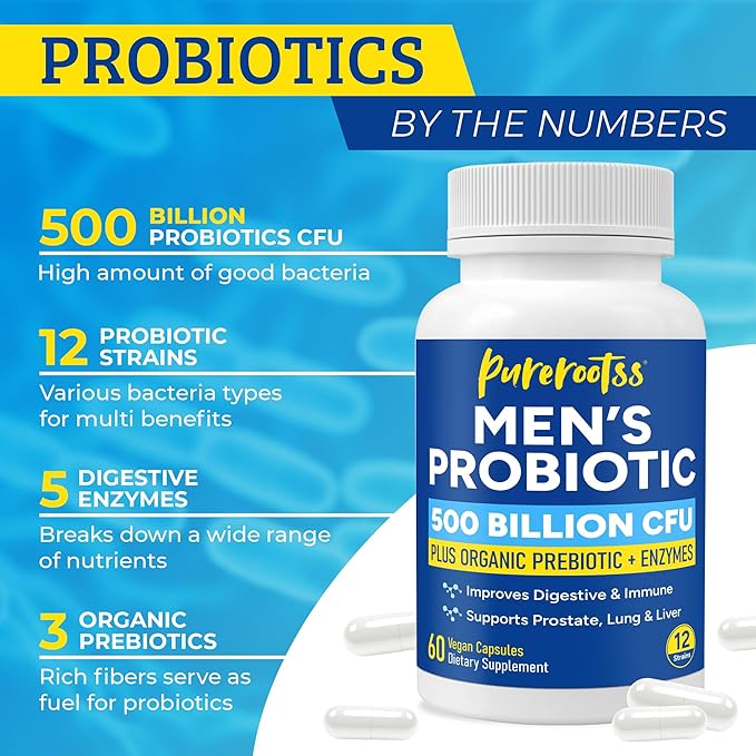Probiotics for Men, 500 Billion CFUs & 12 Strains, Prebiotic & Probiotic, Cranberry, Saw Palmetto, Digestive Enzymes, Gut & Bloating, Lung Liver Prostate Support, 30-Day Supply