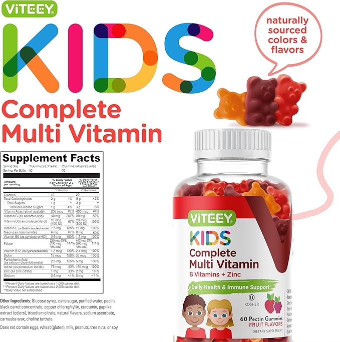 Viteey Kids Multivitamin Gummies, Complete Daily Essential Kids Vitamins - Great for Immune Support & Overall Health - 12 Essential Minerals & Vitamins - Vegetarian, Gelatin Free- Fruit Flavor Gummy