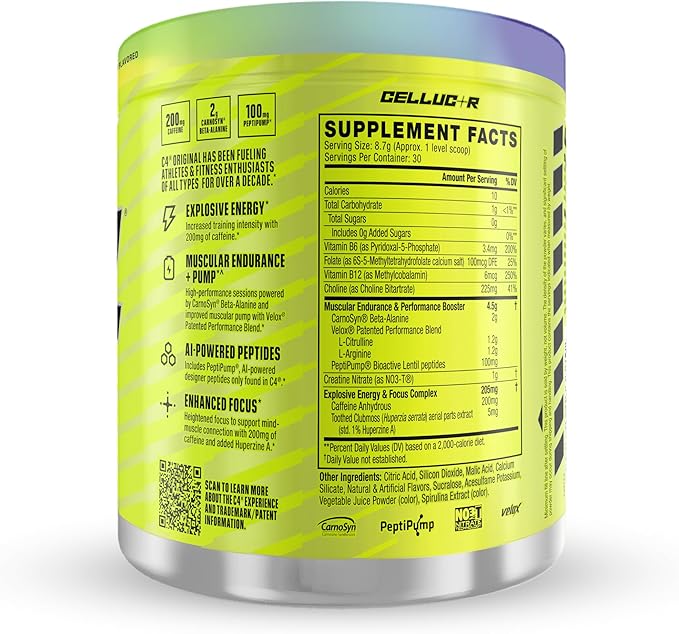 Cellucor C4 Original Pre Workout Powder Sugar Free for Men & Women 200mg Caffeine + CarnoSyn Beta-Alanine + Creatine + AI Peptides - Rainbow Blast, 30 Servings