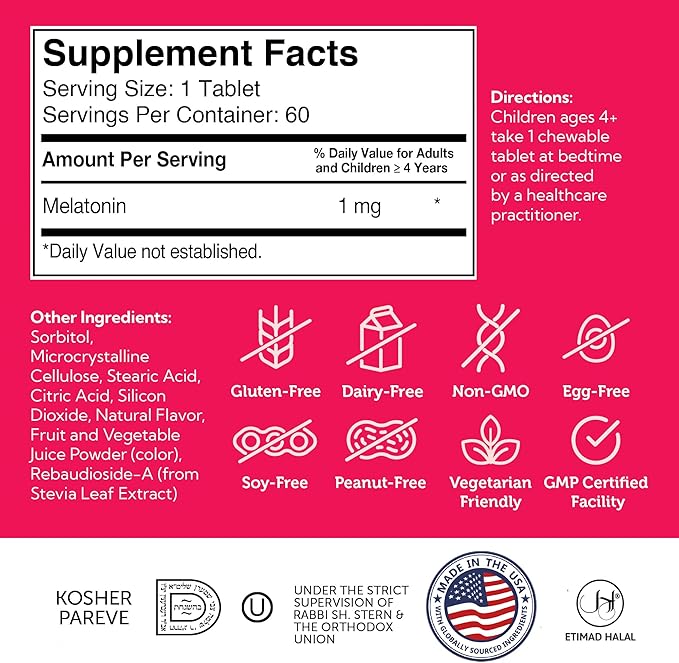 Zahler 1MG Children's Melatonin for Kids - Sleep Support and Quality Rest for Ages 4+ Delicious Natural Grape Flavor - Non GMO Kosher Low Dose Childrens Melatonin 1 MG (60)