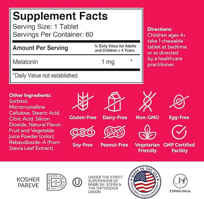 Zahler 1MG Children's Melatonin for Kids - Sleep Support and Quality Rest for Ages 4+ Delicious Natural Grape Flavor - Non GMO Kosher Low Dose Childrens Melatonin 1 MG (60)