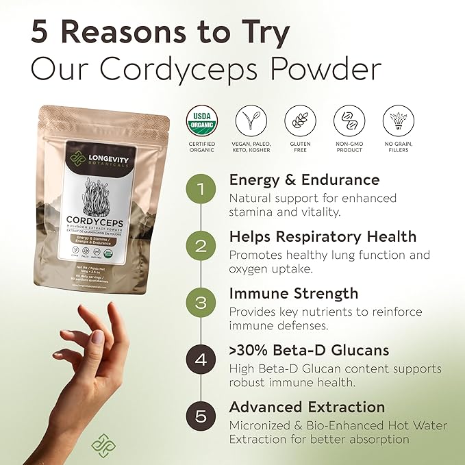 Longevity Botanicals Organic Cordyceps Mushroom Extract Powder 100g | Concentrated 10:1 Ratio | 100% Fruiting Bodies | Cordyceps Militaris Natural Supplement for Energy, Stamina & Respiratory Support
