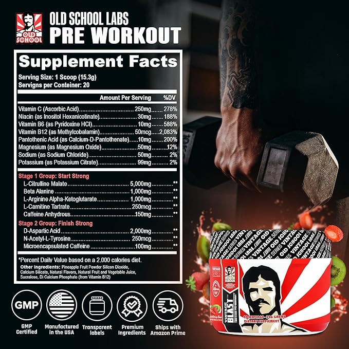Old School Labs The Ultimate Two-Stage Pre Workout Supplement for Explosive Energy, Endurance, & Focus - Boost Workouts with Natural Ingredients: L-Citrulline Malate, Beta-Alanine, & Caffeine - 270g