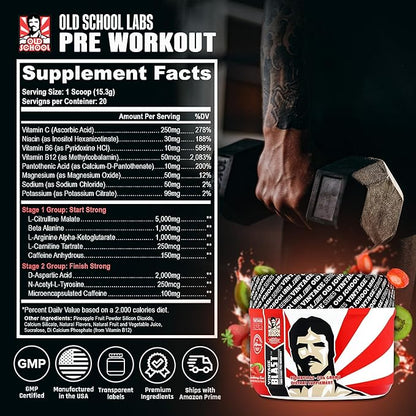 Old School Labs The Ultimate Two-Stage Pre Workout Supplement for Explosive Energy, Endurance, & Focus - Boost Workouts with Natural Ingredients: L-Citrulline Malate, Beta-Alanine, & Caffeine - 270g