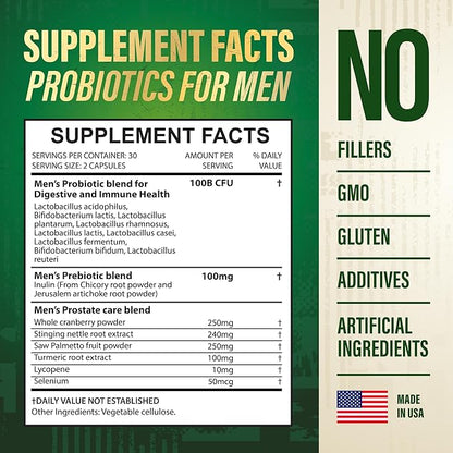 Probiotics for Men with Prebiotics - Men Probiotic Supplement for Digestive Health, Gut Health, Immune Health, Bloating and Prostate Care - Strains Shelf Stable, Gluten & Soy Free 60 capsules.