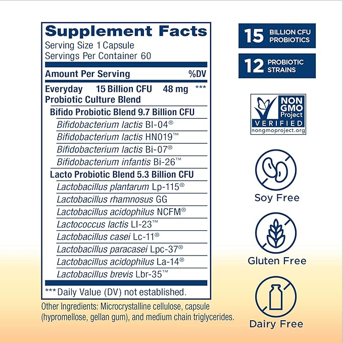 Renew Life Everyday Go-Pack Probiotic Capsules, Daily Supplement Supports Urinary, Digestive and Immune Health, L. Rhamnosus GG, Dairy, Soy and gluten-free, 15 Billion CFU, 60 Count