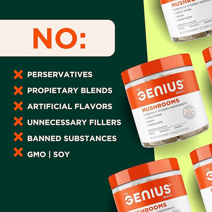 Genius Mushroom Supplement - Full-Spectrum Lion’s Mane, Cordyceps, Reishi -Daily Brain Nootropic for Energy, Focus, Memory & Overall Wellness - 180 Capsules – Organic for Mental Clarity & Performance