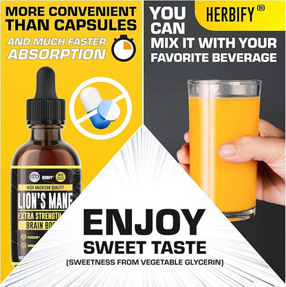 HERBIFY Lions Mane Supplement - Daily Mushroom Supplement for Memory, Focus & Clarity - Brain Booster - Lions Mane Tincture for Immune Support - 4 Fl oz