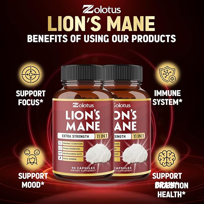 Zolotus 2 Packs 90 Capsules Lions Mane Mushroom Supplement, 6 Month Supply with Cordeyceps, Reishi, Ashwagandha, Focus, Memory and Brain Support Supplement, Immune Support, Energy Pills