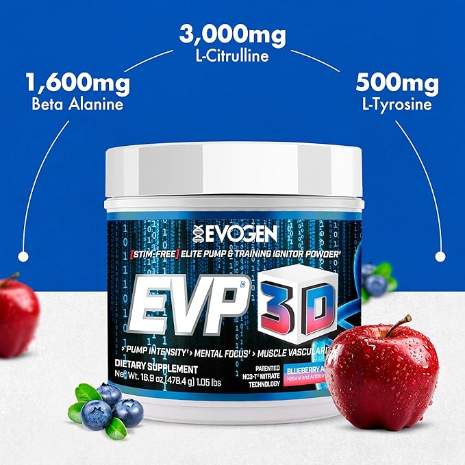 Evogen EVP 3D - Stim Free Pre Workout Powder for Men & Women | Sugar Free Non Stim Preworkout with Beta Alanine and Creatine for Energy & Pump | Blueberry Apple | 40 Servings