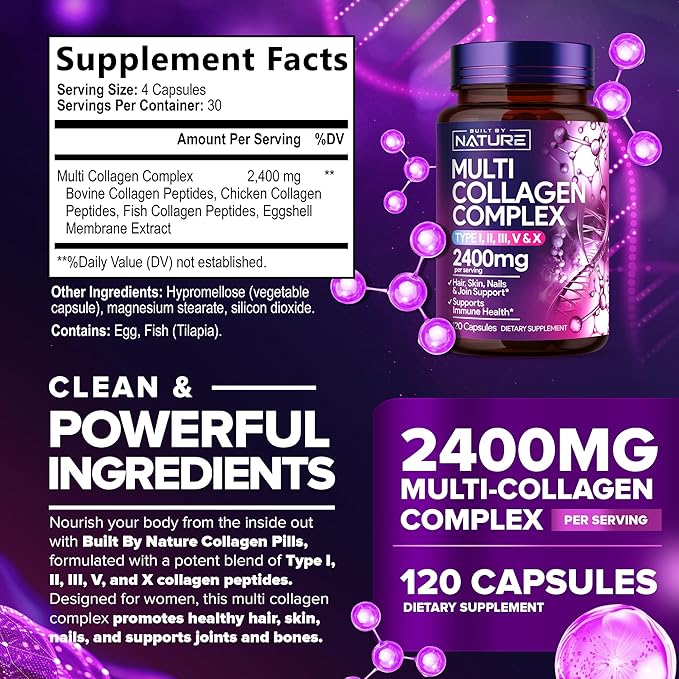 Built by Nature Collagen Pills – Multi Collagen Peptides Complex Supplement for Women – Type I, II, III, V, X for Hair, Skin, Nails, Joints & Bone Health - Hydrolyzed, Grass-Fed - 120 Capsules