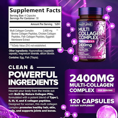 Built by Nature Collagen Pills – Multi Collagen Peptides Complex Supplement for Women – Type I, II, III, V, X for Hair, Skin, Nails, Joints & Bone Health - Hydrolyzed, Grass-Fed - 120 Capsules