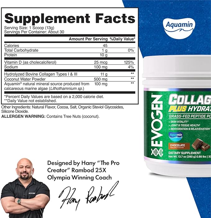 Evogen Collagen Plus Hydration - Grass-Fed Collagen for Women & Men | Collagen Peptides Powder | Collagen Powder Supporting Skin Vitality, Hydration, Joint & Tissue Health | Chocolate | 30 Servings