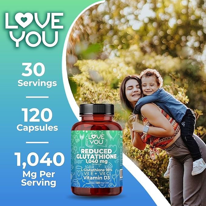Love You Reduced Glutathione 98% Purity 1040 mg + Vitamin C, E & D3 1804 mg Total per Serving | Intracellular Antioxidant | Supports Detoxification & Immune Function | 120 Veggie Caps | 30 Servings