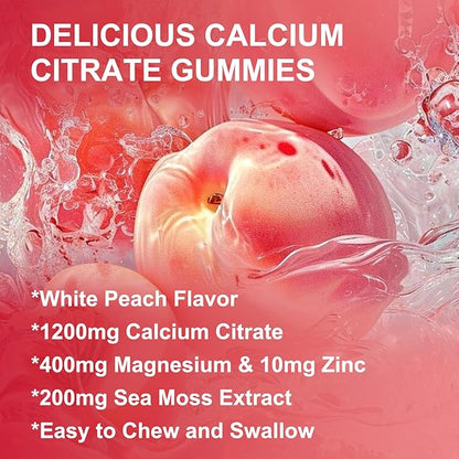 Calcium Citrate 1200mg Gummies with Vitamin D3 K2 - Chewable Calcium Magnesium Zinc d3 Supplement with Sea Moss Extract for Bone, Teeth, Immune Support for Women & Men, White Peach Flavor - 60 Gummies