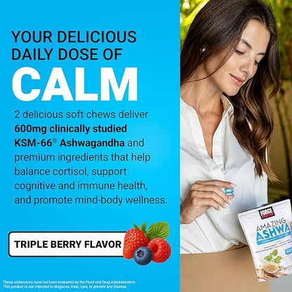 FORCE FACTOR Amazing Ashwa for Stress Relief, Memory, Focus, and Immune Support Health, Ashwaganda Supplement with KSM-66 Ashwagandha for Stress, 180 Soft Chews