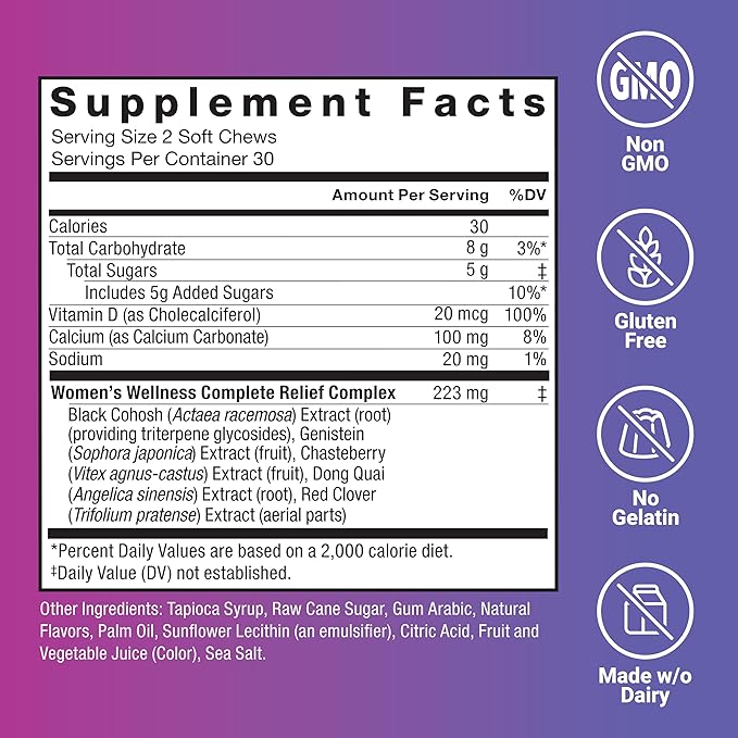 FORCE FACTOR Menopause Relief Supplement for Women with Black Cohosh for Hot Flashes, Hormone Balance & Night Sweats Support, Women’s Wellness, Mixed Berry, 60 Soft Chews