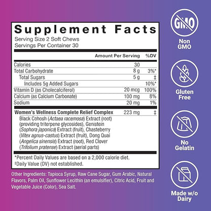 FORCE FACTOR Menopause Relief Supplement for Women with Black Cohosh for Hot Flashes, Hormone Balance & Night Sweats Support, Women’s Wellness, Mixed Berry, 60 Soft Chews