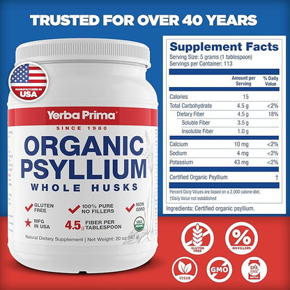 Yerba Prima Organic Whole Psyllium Husks Fiber - 20 oz (Pack of 2) - Natural Daily Dietary Fiber Supplement, Colon Cleanser, Regularity & Detox Cleansing Support, Gluten Free, Non GMO, Vegan
