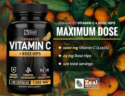 Vitamin C 1000mg with Rosehips (120 Capsules | 1000mg) Pure Vitamin C Capsules - Ascorbic Acid + Rose Hips for Powerful Immune System Support - High Dose Vitamin C for Adults Immune Support Vitamins