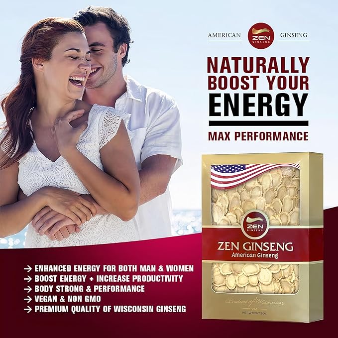 Zen American Wisconsin Ginseng Slices — Improved Energy, Performance, & Mental Health for Men & Women (8oz. Box)