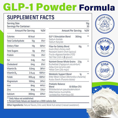 GLP-1, GLP-1 Supplement for Women & Men, Natural GLP1 Powder with Akkermansia Probiotic, High Fiber for GLP-1 Support, Digestive & Gut, Metabolism, Energy, 10x Upgrade GLP-1 Levels, 0 Sugar