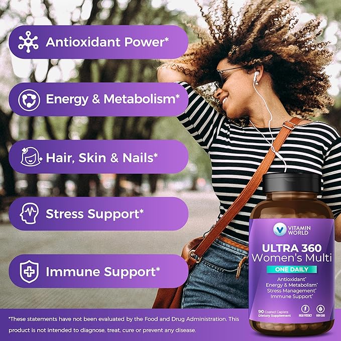 Vitamin World Ultra 360 Multivitamin for Women One Daily, Women's Multivitamin with Collagen, Ashwagandha & Antioxidants, Supplement with Vitamin A, B, C & D for Energy & Immune Support, 90 Caplets