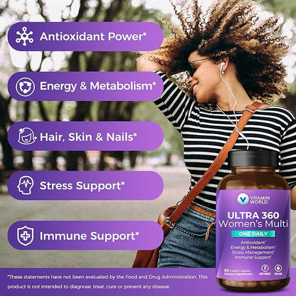 Vitamin World Ultra 360 Multivitamin for Women One Daily, Women's Multivitamin with Collagen, Ashwagandha & Antioxidants, Supplement with Vitamin A, B, C & D for Energy & Immune Support, 90 Caplets