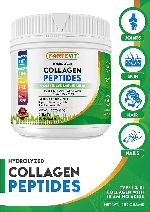 FORTEVIT Hydrolyzed Collagen Peptides Powder - Boosts Skin Elasticity, Strengthens Hair & Nails, Supports Joint Mobility - Unflavored, Non-GMO, Sugar-Free, Keto & Paleo-Friendly (16oz Jar)